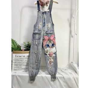 Vrouwen Jumpsuits Rompertjes Vrouwen Print Cartoon Denim Overalls Gat Losse Kralen Jean Broek Vrouwelijke Plus Size Casual Lang