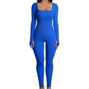 Jumpsuits voor dames rompreren vrouwen geribbeld jumpsuits Casual Street Solid Color Long Sleeve Square Neck Skinny Long Rompers vrouwelijke tracksuit outfit 7colors 230311