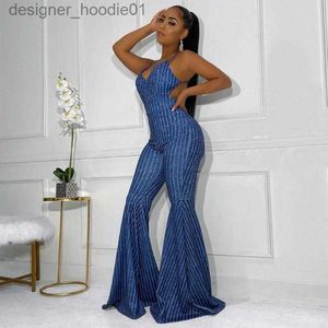 Women's Jumpsuits Rompers Femmes combinaisons barboteuses Wendywu Sexy femmes Spaghetti sangle jambe large jean combinaison dos nu Denim cloche bas barboteuse L230913