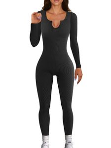 Jumpsuits voor dames rompreren dames geribbelde yoga jumpsuits strakke passende vrouw lange mouw jumpsuit sport workout rompers bodycon zwarte bodysuit kleding 230310