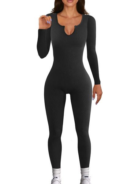 Combinaisons pour femmes Barboteuses Combinaisons de Yoga côtelées pour femmes combinaison serrée femme à manches longues combinaison de Sport barboteuses d'entraînement moulante noir body vêtements 230310