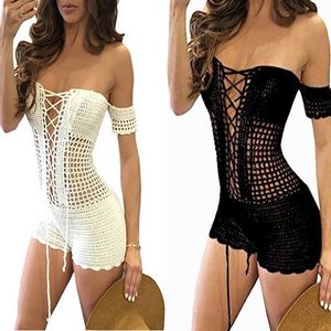 Mujeres Sexy Crochet Beach Fishnet Sarong Hecho a mano Bodycon Knitting Jumpsuit Ropa de moda blanca