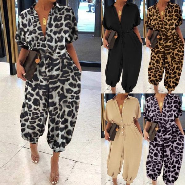 Monos de mujer, mamelucos de manga corta para mujer, pantalones harén, mono Sexy con botones delanteros, monos sueltos de leopardo 230317