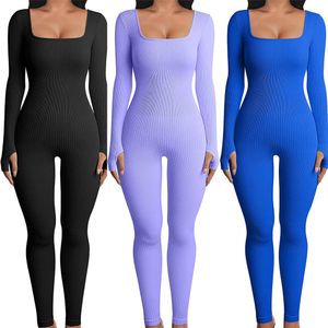 Dames Jumpsuits Rompertjes Dames Skinny Jumpsuit Effen Kleur Geribbeld Gebreid Lange mouw Vierkante hals Bodycon Jumpsuit Romper Workout Sport Yoga Playsuits 230721