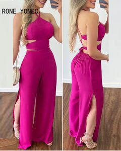 Jumpsuits voor dames romprers dames solide elegante sexy halter cami crop top top silt elastische taille sexy werkende jumpsuit 230410