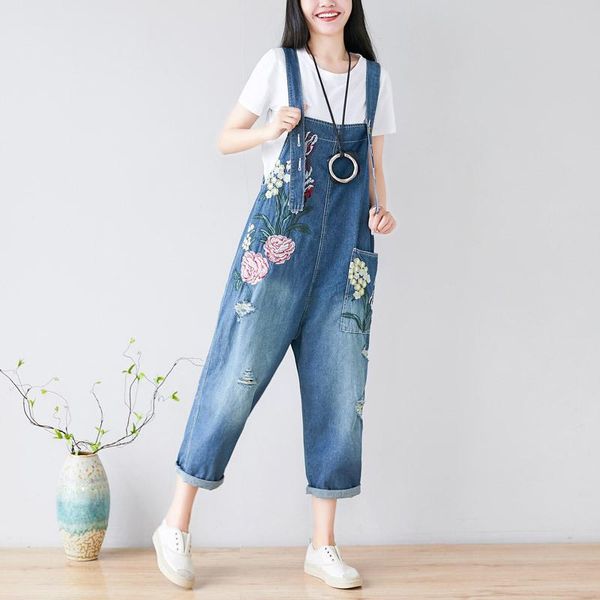 Combinaisons pour femmes Barboteuses Femmes Printemps Été Brodé Floral Denim Pantalon Dames Fleur Broderie Lâche Salopette Jeans FemmeFemmes