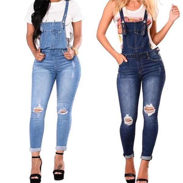 Combinaisons pour femmes Barboteuses femmes sangle Denim combinaison dames Silm Fit jean barboteuses Vintage décontracté femme déchiré poche bretelles ensemble combishort 231202