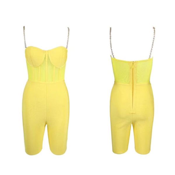 Monos de mujer Mamelucos Mujeres Amarillo Negro Vendaje Body Sexy Malla Patchwork Correa de espagueti Sólido Verano Corto Playsuit WholesaleWom