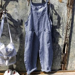 Jumpsuits voor dames rompers dames kunstmatige zijde gestreepte brede poot jumpsuit zomer nieuwe casual pocket mouwloze ontspannen uit één stuk slabib broek strand jaging y240425