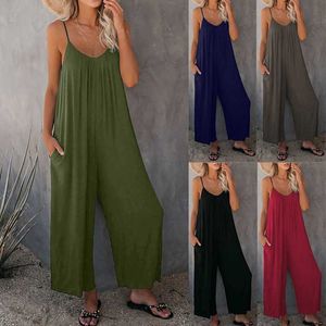 Combinaisons pour femmes Rompers Womens Jumpsuit 2024 Summer en V solide en V Solide sans porc avec une suspension décontractée en vrac pantalon à jambes larges Fe Retro Bodys D240507