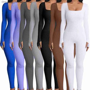 Jumpsuits voor dames Rompertjes Damesjumpsuits 2023 Lente Damesmode Kleding Lage kraag Lange mouwen Elegante bodysuits Geribbeld gebreid ééndelig damesjumpsuit L230913