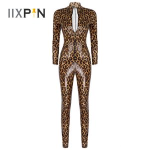 Monos de mujer Mamelucos Mono con estampado de leopardo para mujer Charol Rave Bar Catsuit Clubwear Stand Collar Cremallera Leotardo Slim Fit Mono de moda 230210