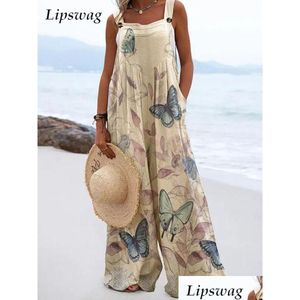 Jumpsuits voor dames rompers dames zomer spaghetti riemen losse overalls boho vintage patroon print wide been playsuit dames casual p dhqun