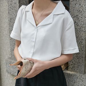 Combinaisons pour femmes barboteuses femmes hauts et chemisiers col en V bureau chemise blanche chemises à manches courtes été japonais coréen vêtements femme Blusas H35 221123