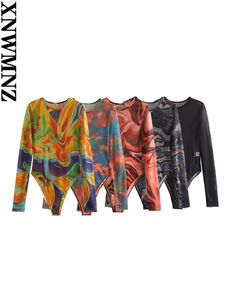 Dames Jumpsuits Rompertjes XNWMNZ 2023 Damesmode Gedrukt Tule bodysuit High Street O-hals Lange mouw Semi-transparant Top Casual Veelzijdig Vrouwelijk 230912