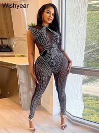 Combinaisons pour femmes Rompers Year Sexy Night Club Mesh S With Diamonds Rhinaston Long Slve Jumpsuit Femmes One Piece Suit Ramper Birthday PlaySuit T240510