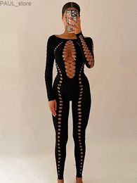 Dames Jumpsuits Rompertjes YUZHEXI Sexy Gaten Rip Jumpsuit Mesh Doorzichtige Lange Mouwen Skinny Overalls voor Dames Nachtclub Strappy OutfitL231212