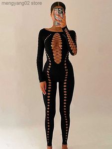 Jumpsuits voor dames rompelt yuzhexi sexy gaten rip jumpsuit mesh zie door lange mouw magere overalls voor vrouwen nachtclub strappy outfit T230504