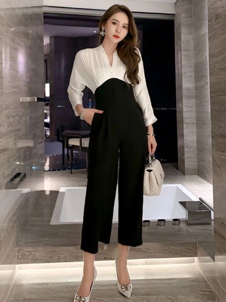 Combinaisons pour femmes Satin Combinaison Femmes Noir Blanc Patchwork À Manches Longues Taille Haute Cheville Combinaison Femme Bureau Travail Rue Monos Mujer Printemps 2024