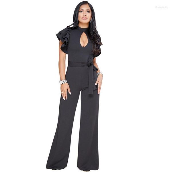 Monos de mujer Sexy ahuecados hacia fuera elegante verano negro mameluco mujer moda pétalo manga fajas Casual pierna ancha mono mujer monos