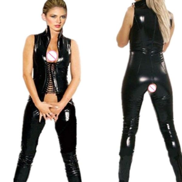 Monos de mujer Sexy Catsuit de látex de PVC Ropa de discoteca erótica Mono de entrepierna abierta de cuero de imitación Lencería sexy Fetiche sexual Bondage Arnés Disfraz