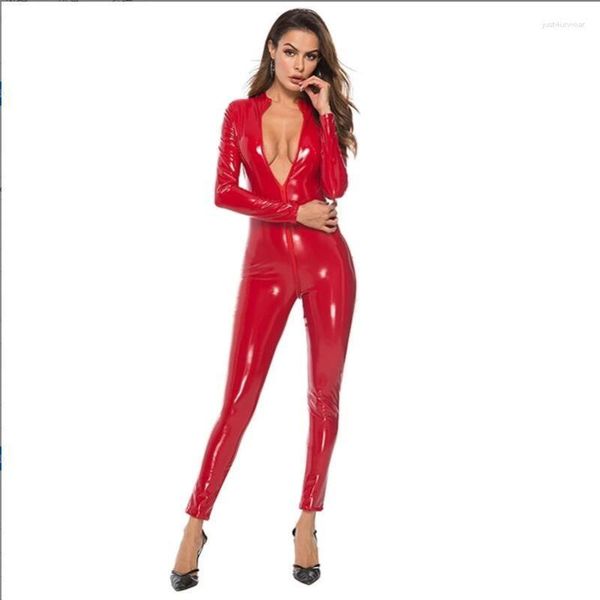 Monos de mujer Sexy Catsuit de cuero sintético PVC látex mono cremallera frontal entrepierna abierta estiramiento Bodystocking disfraces eróticos