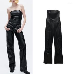 Dames Jumpsuits Summer Black Multi-Pocket Workwear Imitatie Leer Lange Tube Top