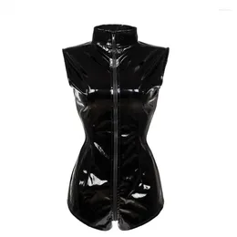 Vrouwen Jumpsuits Vrouwen Zwart PVC Leer Bodysuits Glanzende Bodycon Club Party Jumpsuit Rits Open Kruis Erotische Turnpakje Kostuums