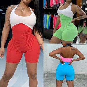 Jumpsuits voor dames vrouwen contrast kleur sexy skinny jumpsuit shorts halter mouwloze u nek Backless zip mode dames rompers zomerstijl