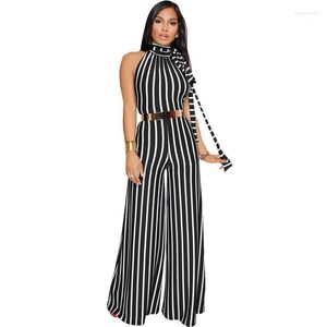 Dames jumpsuits dames mode gestreepte backless jumpsuit romper kantoor dame mouwloze halter elegant breed been losse casual overalls