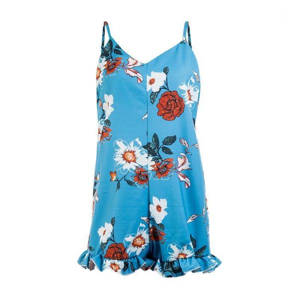 Monos de mujer Mono corto de vacaciones floral para mujer Mono sexy de color azul para mujer Moda de verano Sin mangas con tiras Ropa de playa Mameluco