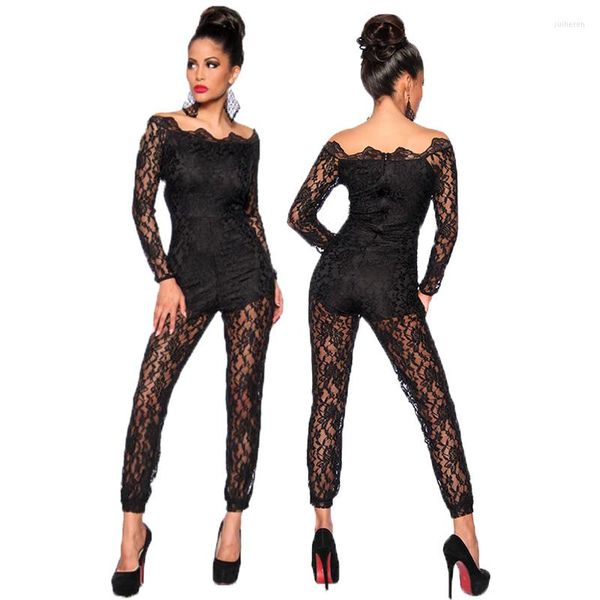 Monos de mujer Encaje Floral Negro Mono de manga larga Romper Clubwear Sexy Fuera del hombro Slash Neck Playsuit Bodycon Party Pantalones