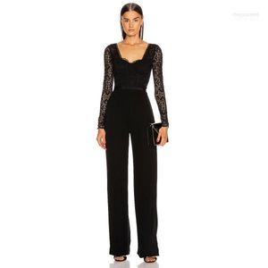 Combinaisons pour femmes barboteuses pour femmes 2022 mode combinaison à manches longues dentelle noire Sexy Patchwork recevant taille pansement mince Stretch