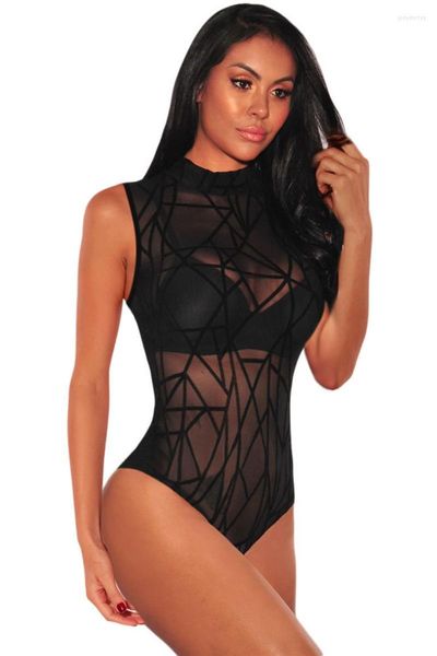 Combinaisons pour femmes barboteuses pour femmes Sexy maille transparente sans manches géométrique velours femmes noir body fête Club combinaison corps féminin