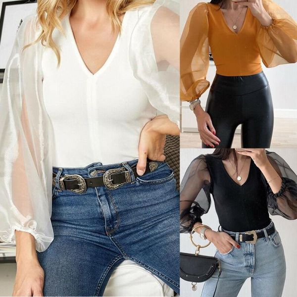 Monos de mujer Mamelucos de mujer Moda de mujer Malla transparente Manga abullonada Body Damas Casual Cuello en V Leotardo Mono Negro Blanco