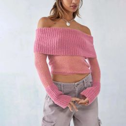 Femmes tricot épaules dénudées hauts couleur unie à manches longues pull court pulls Y2k haut Streetwear femme court vêtement d'extérieur 240320