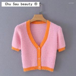 Femmes tricots 2022 Style coréen rose Cardigan femmes automne doux mince simple boutonnage col en v haut court femme pull tricoté
