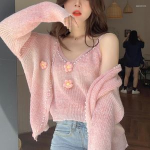 Femmes tricots 2023 automne 2 pièces ensemble femmes tricot costumes rose pull élégant Cardigan Y2k haut court bureau dame Kawaii vêtements coréen