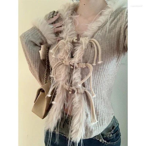 Tricots pour femmes 2023 Automne pour femmes Crop Tops Vintage Coréen Rétro High Street Peluche Patchwork Cachemire Pull Cardigan Veste En Tricot