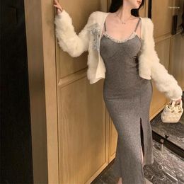 Tricots pour femmes 2023 Automne coréen Couleur unie Casual Vison Cachemire Cardigan à manches longues Femmes Sexy Split Robe élégante Costume deux pièces