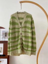 Puntos de mujer 2023 Otoño Mohair Mezclas Cárdigan de rayas de contraste para mujeres de alta calidad con cuello en V de manga larga Casual suave suéter esponjoso señora