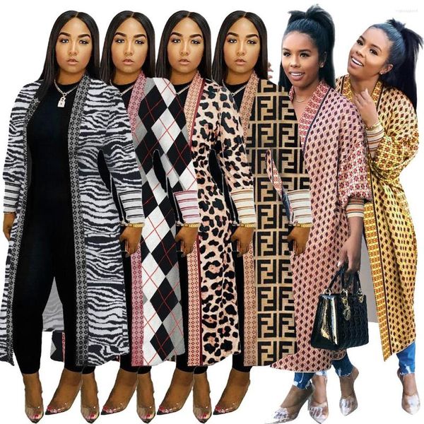 Tejidos para mujer 2023 Otoño Invierno moda Plaid estampado abrigos de punto abierto mujeres Patchwork cárdigans largos señoras Casual manga caliente prendas de vestir