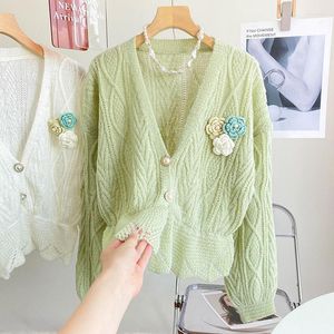 Femmes tricots 2023 automne hiver coréen Cardigans Vintage élégant col en V à manches longues fleur chandails japonais doux bouton Cardigan