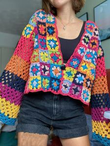 Femmes tricots 2023 BOHO Plaid fleur fait à la main Crochet Cardigan femme col en V à manches longues un bouton pull tricots pull vacances