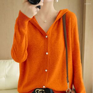 Femmes Tricots 2023 Casual Mode À Capuche Bouton Solide Couleur Chandails Femme Vêtements Automne Commute Tops Chaud Lâche All-Match Cardigan Manteau