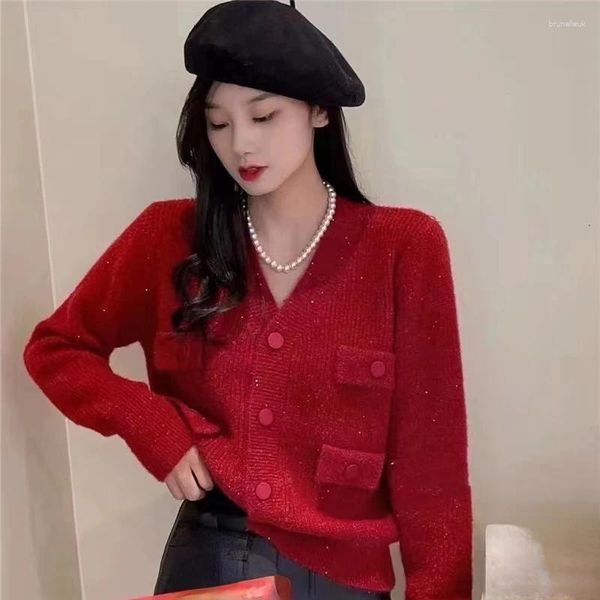 Puntos de mujer 2023 Otoño Invierno mujeres cuello en V Bling rojo Beige púrpura jengibre tejido cárdigan suéter mujer elegante suéteres de punto