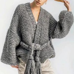 Malhas femininas 2023 mão de malha com decote em v cardigans casaco feminino outono inverno manga longa camisola solta senhora poncho faixas crochê cardigan