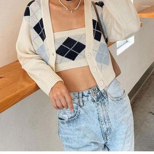 Knits de mujer 2023 Damas Retro Plaid Knit Neck V Sweater Sweater Sexy Diamond Check Chest Wrap