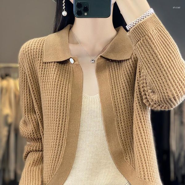 Cardigan tricoté en laine Pure pour femme, manteau court à revers, Cape fine et creuse, collection printemps et automne 2023