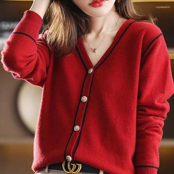 Femmes tricots 2023 hiver haut pour femme Cardigans Pure laine tricoté col en v femme haute qualité Standard laine vêtements vestes